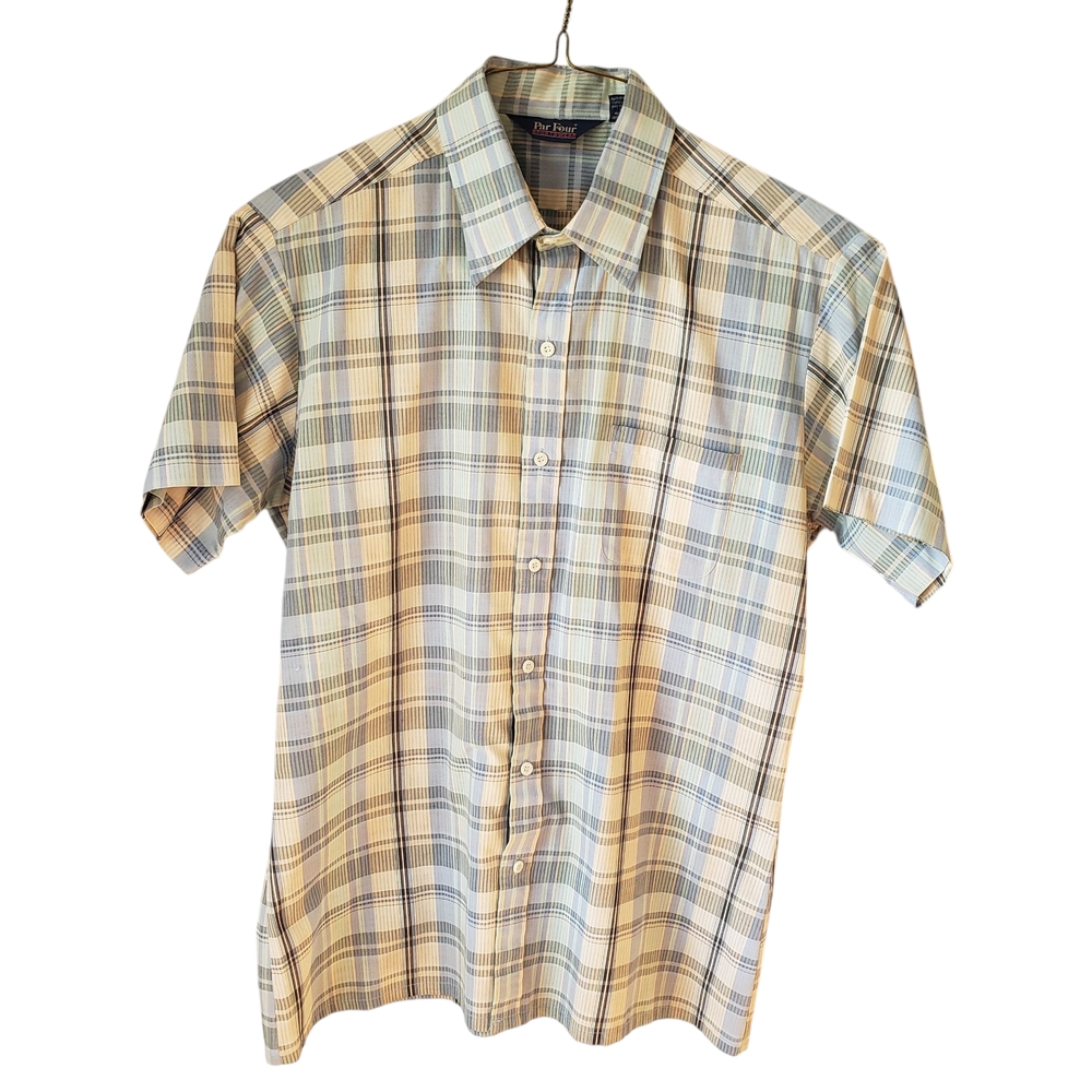 VTG PAR FOUR Beige and Blue Casual Button Down Golf Shirt | Mens Large
